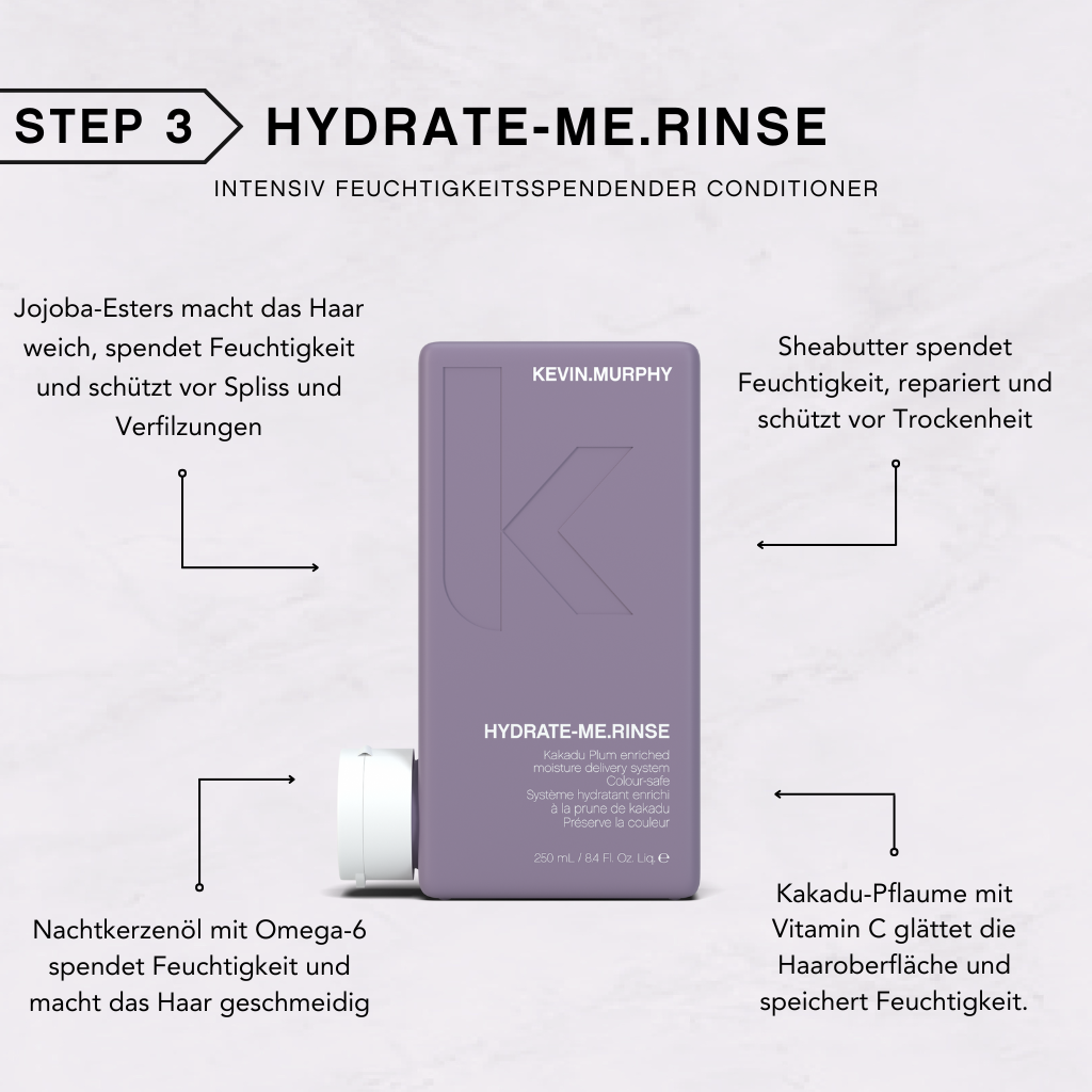 KEVIN.MURPHY HYDRATE-ME.RINSE – Step 3 Infografik: Intensiv feuchtigkeitsspendender Conditioner
