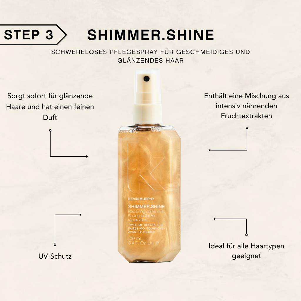 KEVIN.MURPHY SHIMMER.SHINE – Step 3 Infografik: Pflegespray für geschmeidiges und glänzendes Haar