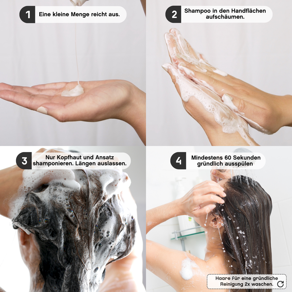 KEVIN.MURPHY Shampoo Anwendung – 4-Schritte-Anleitung: Auftragen, Aufschäumen, Einmassieren und Ausspülen
